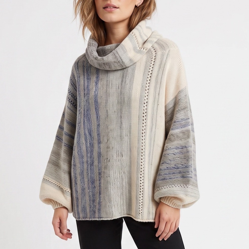 Fate Sweater Womens S Cowl Neck Blue Cream Mohair Alpaca Blend Striped Excellent